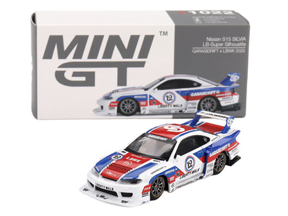 Nissan "LB-Super Silhouette" S15 SILVIA RHD (Right Hand Drive) "GARASIDRIFT x LBWK 2025" White with Blue and Red Stripes Limited Edition 1/64 Diecast Model Car