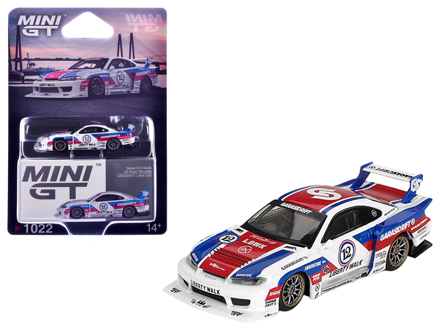 Nissan "LB-Super Silhouette" S15 SILVIA RHD (Right Hand Drive) "GARASIDRIFT x LBWK 2025" White with Blue and Red Stripes Limited Edition 1/64 Diecast Model Car