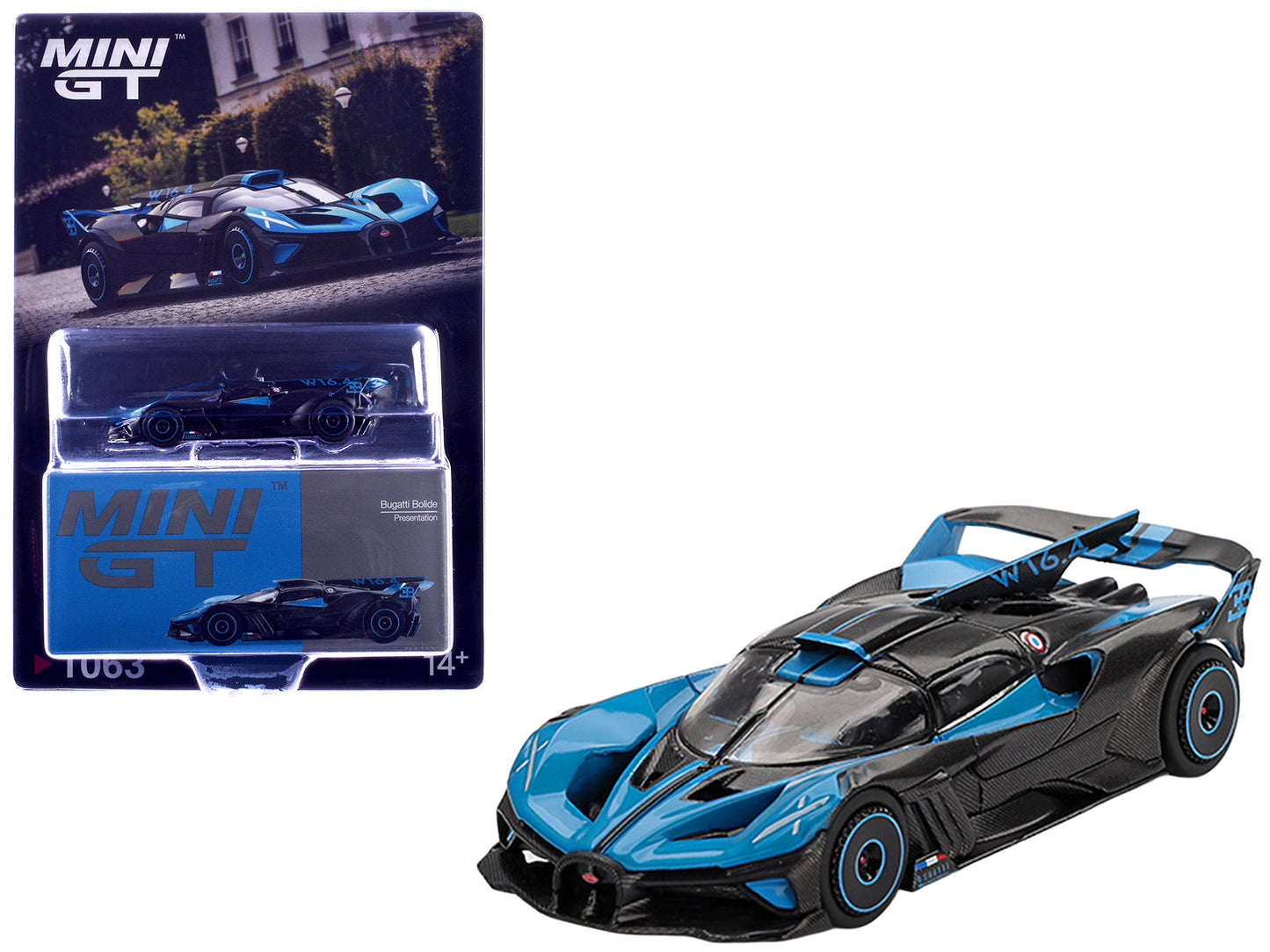 Bugatti Bolide Presentation Blue and Carbon Fiber Limited Edition 1/64 Diecast Model Car