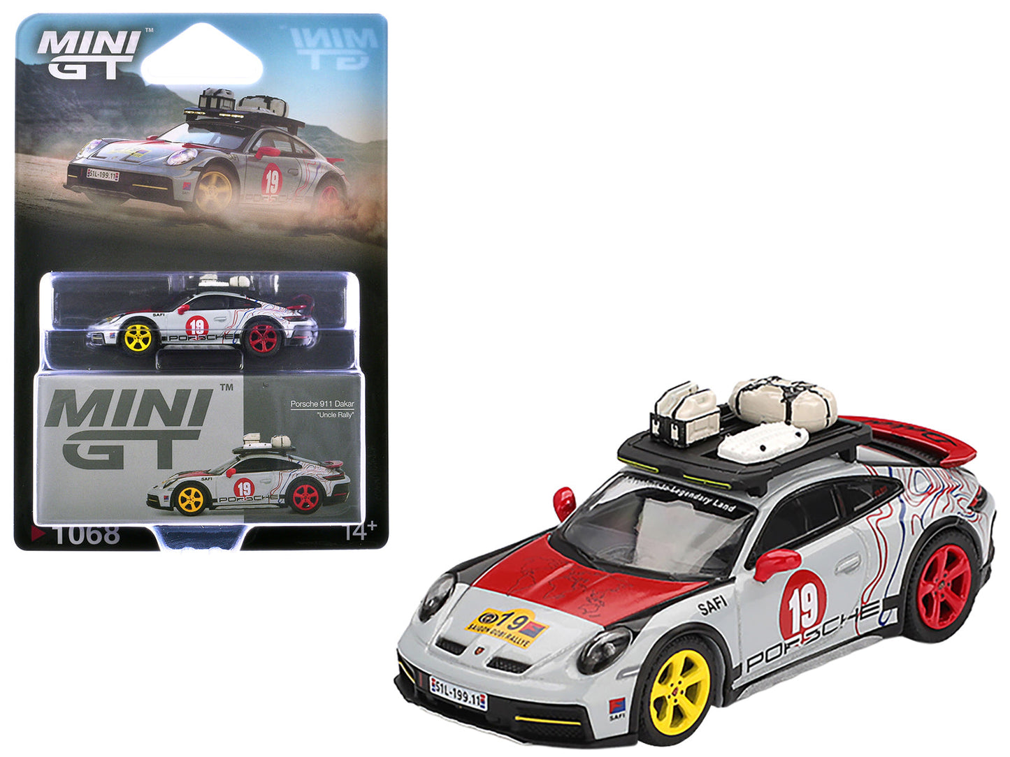 Porsche 911 Dakar #19 "Uncle Rally" Gray with Graphics and Roof Rack Limited Edition 1/64 Diecast Model Car