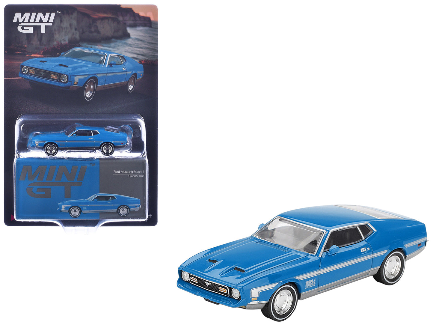 Ford Mustang Mach 1 Grabber Blue with Silver Stripes Limited Edition 1/64 Diecast Model Car