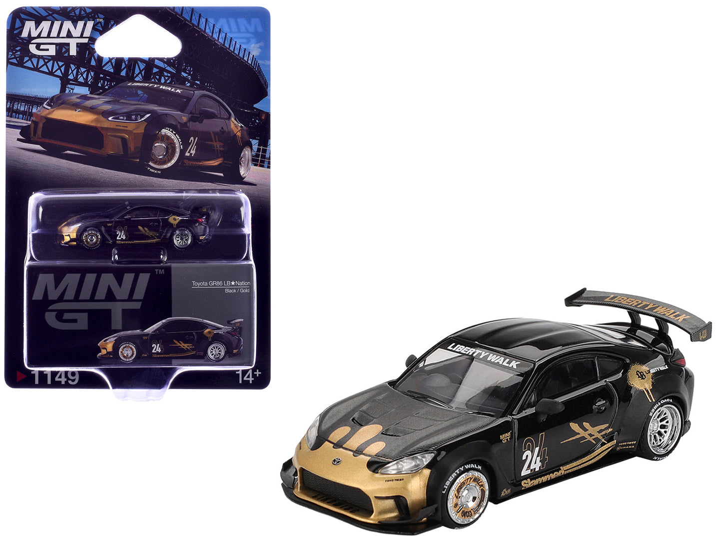 Toyota GR86 "LB-Nation - Liberty Walk" #24 Black with Carbon Hood and Gold Graphics Limited Edition 1/64 Diecast Model Car