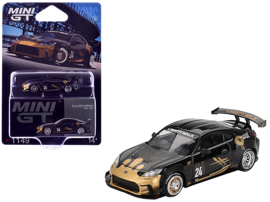 Toyota GR86 "LB-Nation - Liberty Walk" #24 Black with Carbon Hood and Gold Graphics Limited Edition 1/64 Diecast Model Car