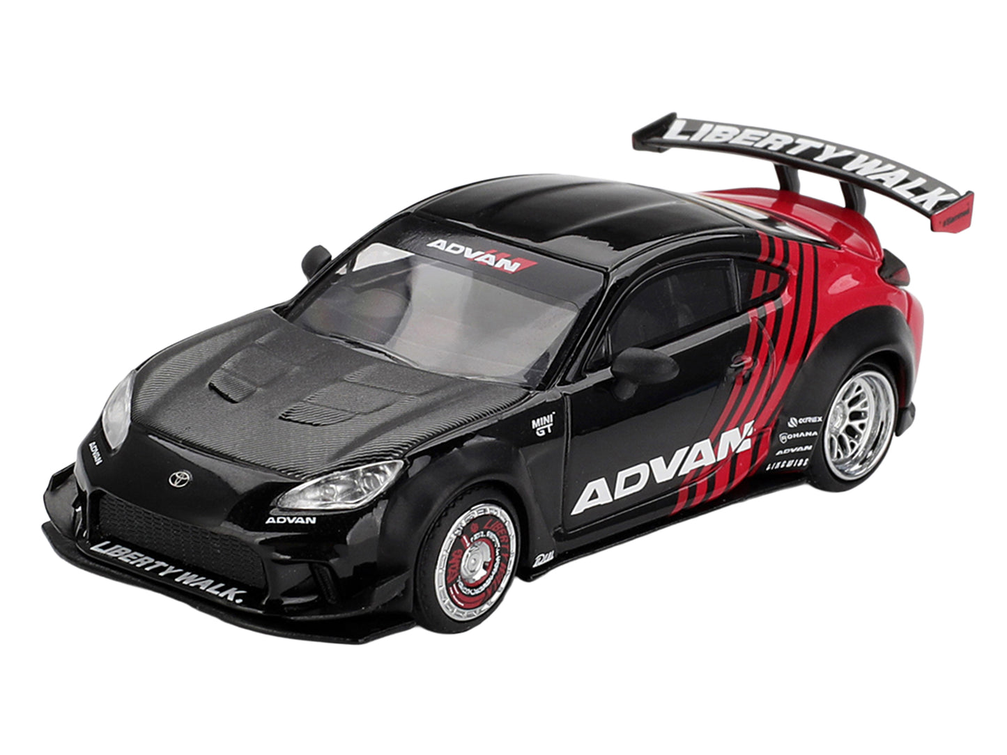 Toyota GR86 "LB-Nation - Liberty Walk" RHD (Right Hand Drive) "ADVAN" Black and Red with Carbon Hood Limited Edition 1/64 Die Cast Model Car