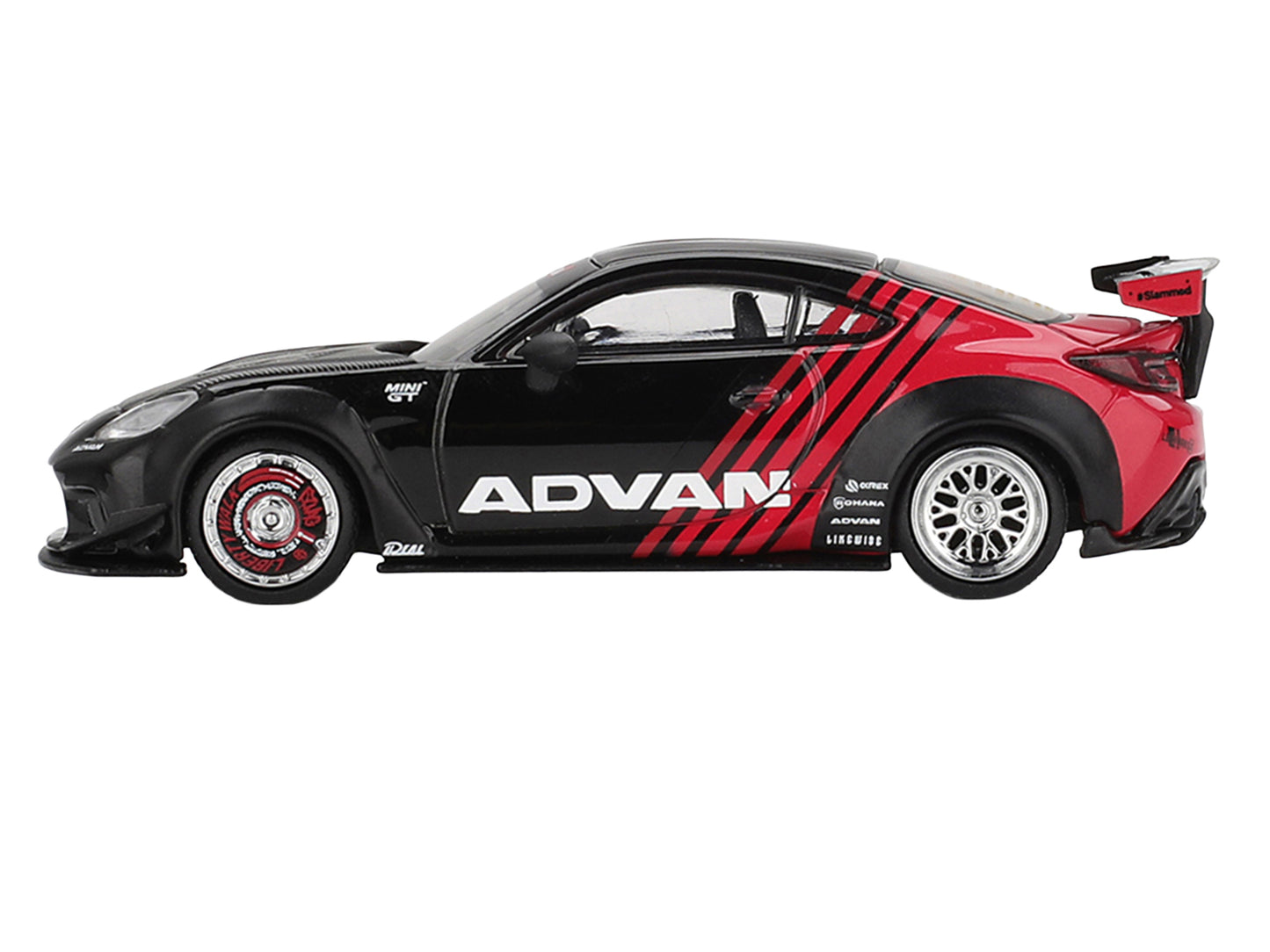 Toyota GR86 "LB-Nation - Liberty Walk" RHD (Right Hand Drive) "ADVAN" Black and Red with Carbon Hood Limited Edition 1/64 Die Cast Model Car