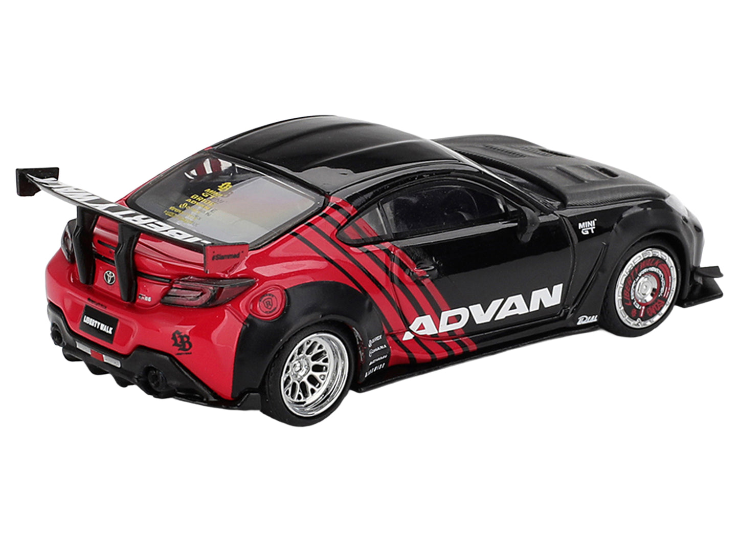 Toyota GR86 "LB-Nation - Liberty Walk" RHD (Right Hand Drive) "ADVAN" Black and Red with Carbon Hood Limited Edition 1/64 Die Cast Model Car