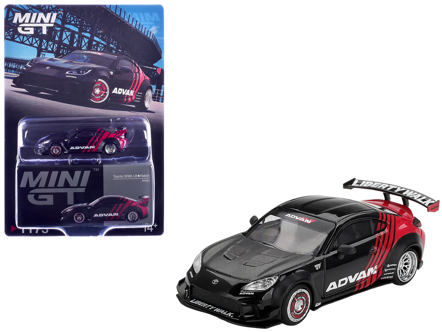 Toyota GR86 "LB-Nation - Liberty Walk" RHD (Right Hand Drive) "ADVAN" Black and Red with Carbon Hood Limited Edition 1/64 Die Cast Model Car