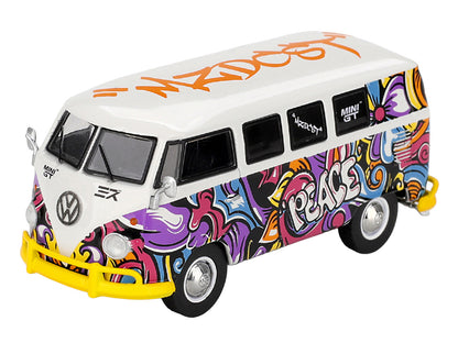 Volkswagen T1 Microbus "Mizu Design" White with Graffiti Graphics Limited Edition 1/64 Diecast Model Car