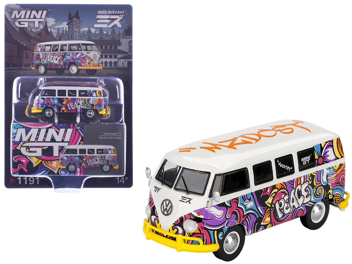 Volkswagen T1 Microbus "Mizu Design" White with Graffiti Graphics Limited Edition 1/64 Diecast Model Car
