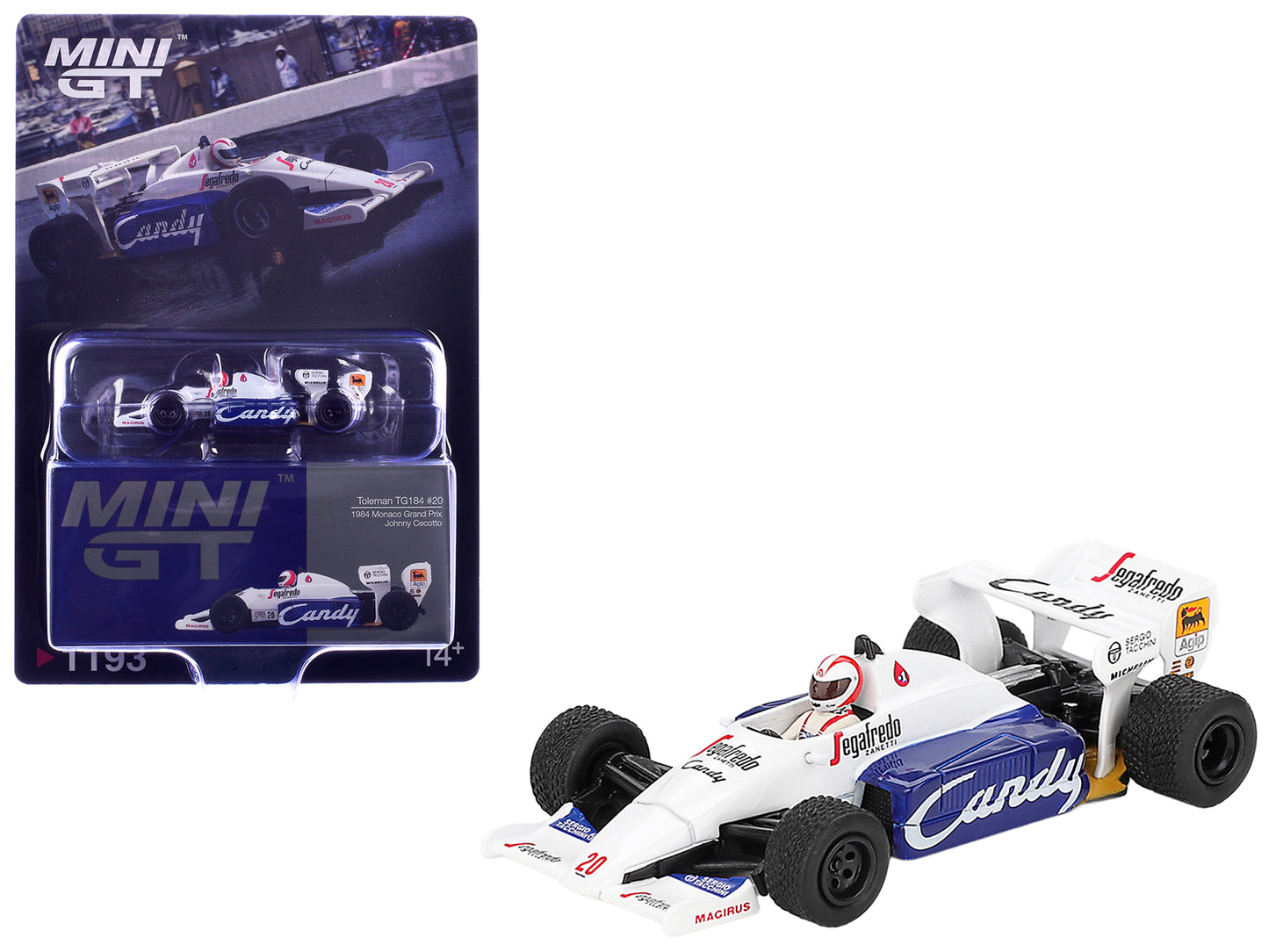 Toleman TG184 #20 Johnny Cecotto Formula One F1 "Monaco GP" (1984) with Driver Figure Limited Edition 1/64 Diecast Model Car