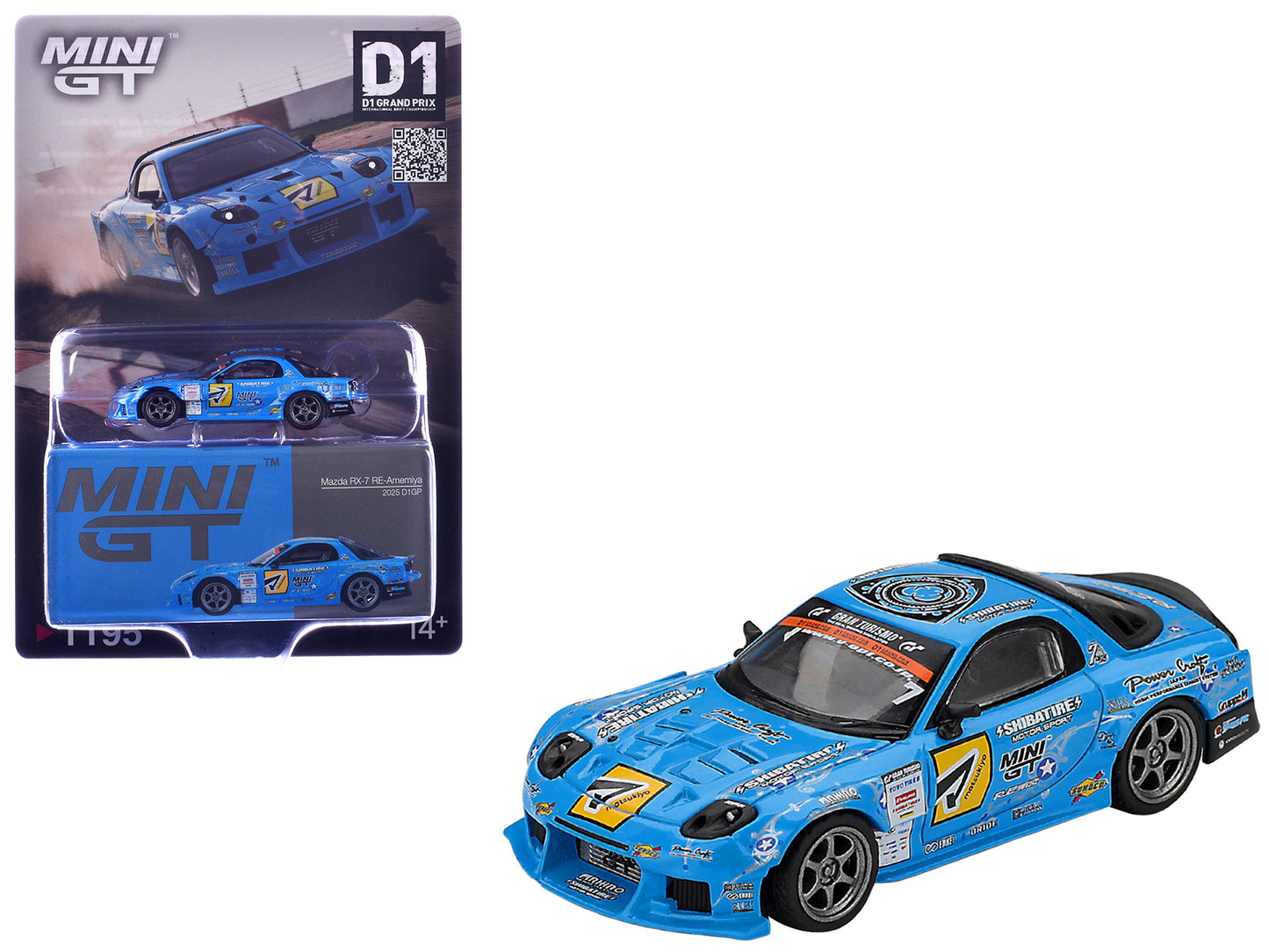 Mazda RX-7 RE-Amemiya RHD (Right Hand Drive) Blue with Graphics "D1GP" (2025) Limited Edition 1/64 Diecast Model Car