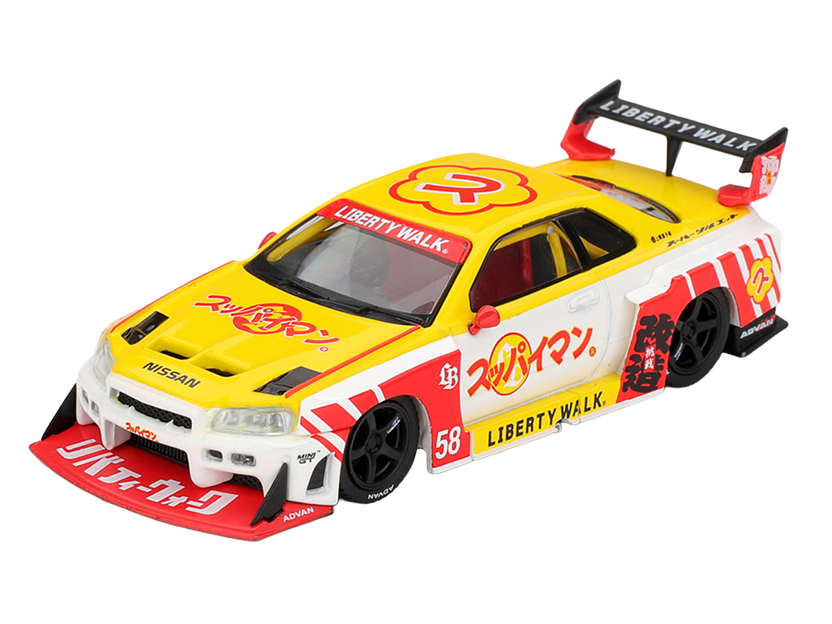 Nissan LB-ER34 Super Silhouette Skyline RHD (Right Hand Drive) #58 "Suppaiman Okinawa" Yellow and White with Graphics Limited Edition 1/64 Diecast Model Car