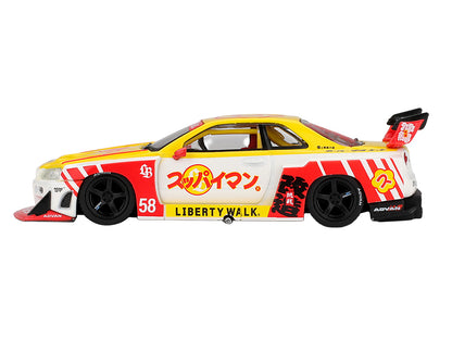 Nissan LB-ER34 Super Silhouette Skyline RHD (Right Hand Drive) #58 "Suppaiman Okinawa" Yellow and White with Graphics Limited Edition 1/64 Diecast Model Car