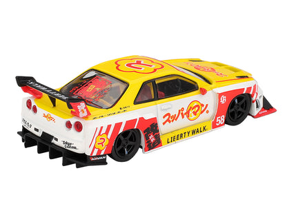 Nissan LB-ER34 Super Silhouette Skyline RHD (Right Hand Drive) #58 "Suppaiman Okinawa" Yellow and White with Graphics Limited Edition 1/64 Diecast Model Car
