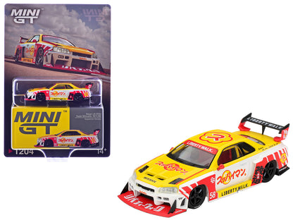 Nissan LB-ER34 Super Silhouette Skyline RHD (Right Hand Drive) #58 "Suppaiman Okinawa" Yellow and White with Graphics Limited Edition 1/64 Diecast Model Car