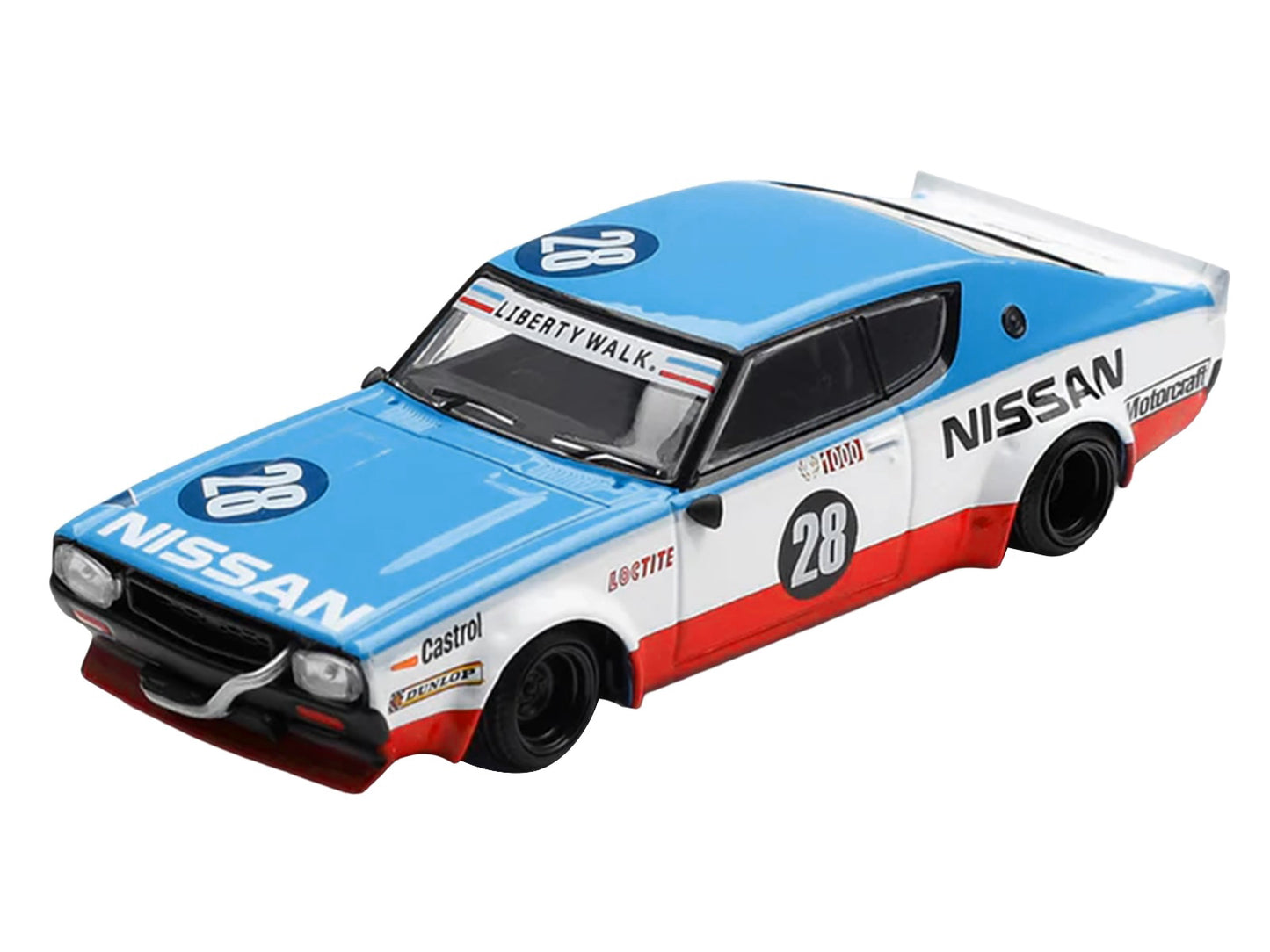 Nissan Skyline Kenmeri RHD (Right Hand Drive) #28 "Liberty Walk - Nissan Racing 1975 Concept" Blue and White with Red Stripes Limited Edition 1/64 Diecast Model Car
