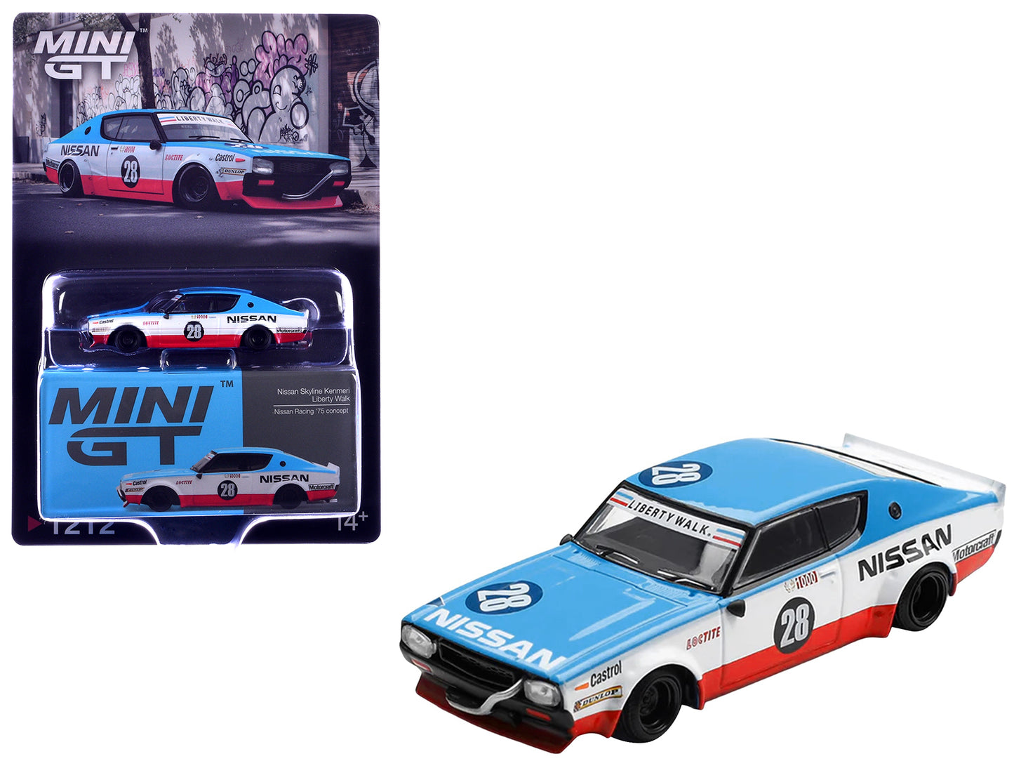 Nissan Skyline Kenmeri RHD (Right Hand Drive) #28 "Liberty Walk - Nissan Racing 1975 Concept" Blue and White with Red Stripes Limited Edition 1/64 Diecast Model Car