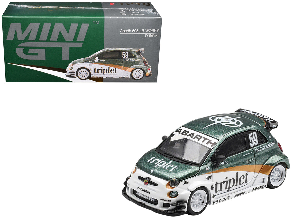 Abarth 595 LB-Works "TY Edition" #59 Green Metallic and White with Gold Stripes and Graphics Limited Edition 1/64 Die Cast Model Car