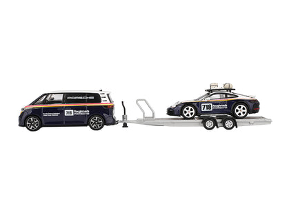 Porsche 911 Dakar #718 Blue and White with Roof Rack and Volkswagen ID. Buzz Blue and White with Flatbed Trailer "Porsche Centrum Gelderland Roughroads" Set of 3 pieces Limited Edition 1/64 Diecast Model Car