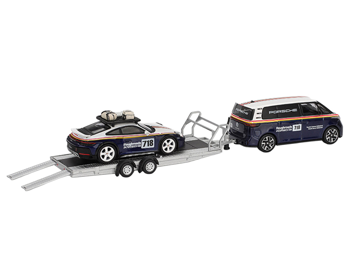 Porsche 911 Dakar #718 Blue and White with Roof Rack and Volkswagen ID. Buzz Blue and White with Flatbed Trailer "Porsche Centrum Gelderland Roughroads" Set of 3 pieces Limited Edition 1/64 Diecast Model Car