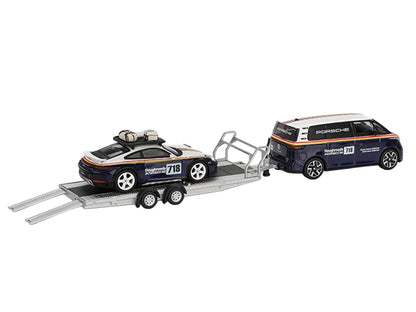 Porsche 911 Dakar #718 Blue and White with Roof Rack and Volkswagen ID. Buzz Blue and White with Flatbed Trailer "Porsche Centrum Gelderland Roughroads" Set of 3 pieces Limited Edition 1/64 Diecast Model Car