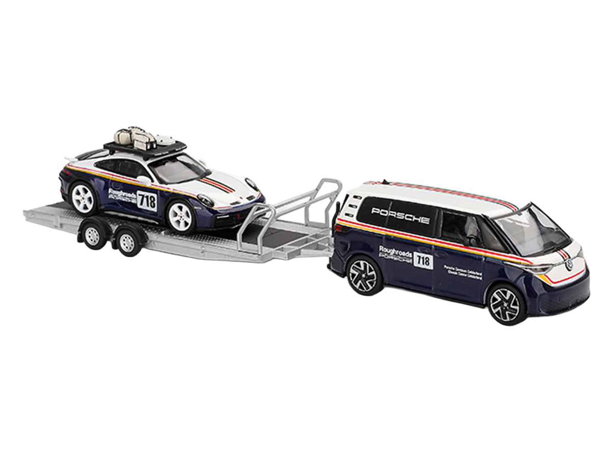 Porsche 911 Dakar #718 Blue and White with Roof Rack and Volkswagen ID. Buzz Blue and White with Flatbed Trailer "Porsche Centrum Gelderland Roughroads" Set of 3 pieces Limited Edition 1/64 Diecast Model Car