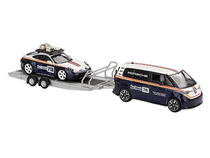 Porsche 911 Dakar #718 Blue and White with Roof Rack and Volkswagen ID. Buzz Blue and White with Flatbed Trailer "Porsche Centrum Gelderland Roughroads" Set of 3 pieces Limited Edition 1/64 Diecast Model Car