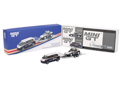 Porsche 911 Dakar #718 Blue and White with Roof Rack and Volkswagen ID. Buzz Blue and White with Flatbed Trailer "Porsche Centrum Gelderland Roughroads" Set of 3 pieces Limited Edition 1/64 Diecast Model Car