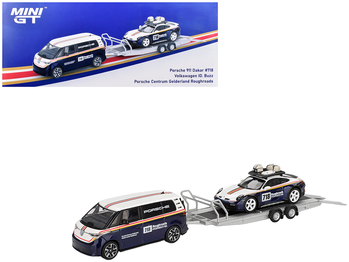 Porsche 911 Dakar #718 Blue and White with Roof Rack and Volkswagen ID. Buzz Blue and White with Flatbed Trailer "Porsche Centrum Gelderland Roughroads" Set of 3 pieces Limited Edition 1/64 Diecast Model Car
