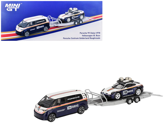 Porsche 911 Dakar #718 Blue and White with Roof Rack and Volkswagen ID. Buzz Blue and White with Flatbed Trailer "Porsche Centrum Gelderland Roughroads" Set of 3 pieces Limited Edition 1/64 Diecast Model Car