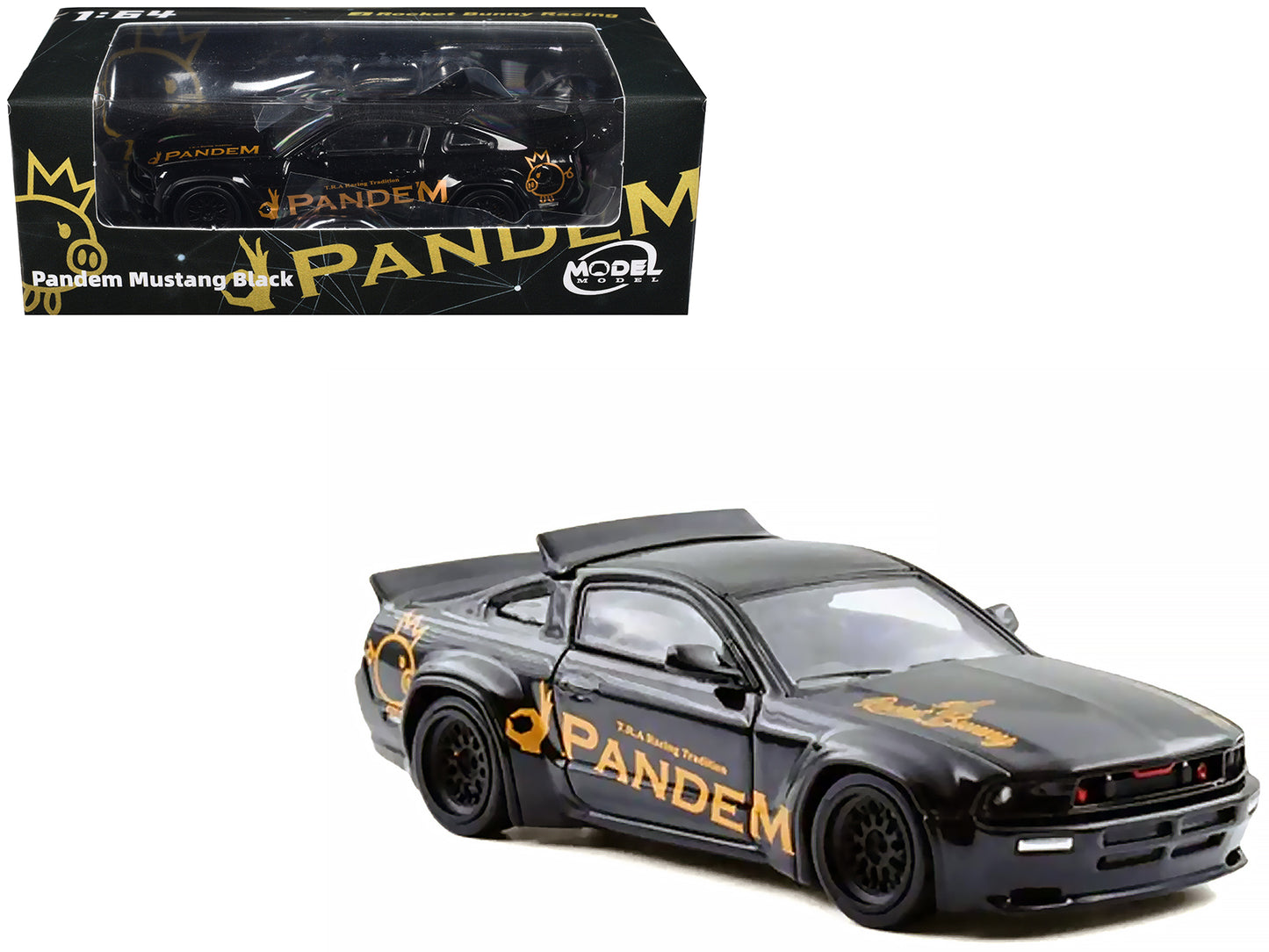 Pandem Mustang Black with Gold Graphics 1/64 Diecast Model Car