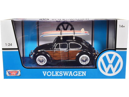 1966 Volkswagen Beetle Black with Wood Panels and Two Surfboards on Roof Rack 1/24 Diecast Model Car