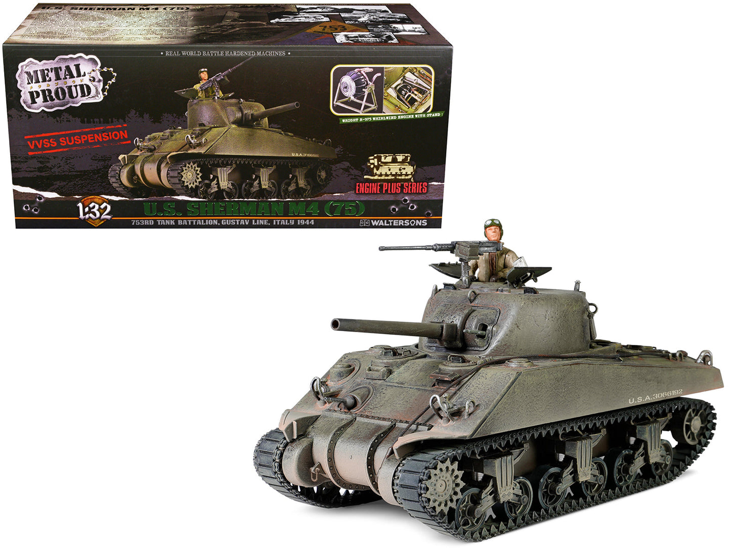 Sherman M4 (75) Medium Tank U.S. "753th Tank Battalion Gustav Line Italy" (1944) "Engine Plus" Series 1/32 Diecast Model