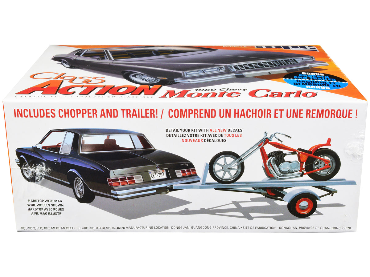 Skill 2 Model Kit 1980 Chevrolet Monte Carlo "Class Action" with Motorcycle and Trailer (Skill 2) 1/25 Scale Model Car
