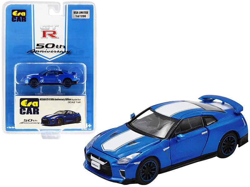 Nissan GT-R RHD (Right Hand Drive) Bayside Blue with White Stripe "50th Anniversary Edition" Limited Edition to 1200 pieces 1/64 Diecast Model Car