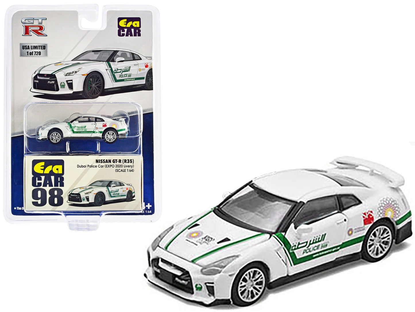 Nissan GT-R (R35) White Dubai Police "EXPO 2020" Livery Limited Edition to 720 pieces Worldwide 1/64 Diecast Model Car