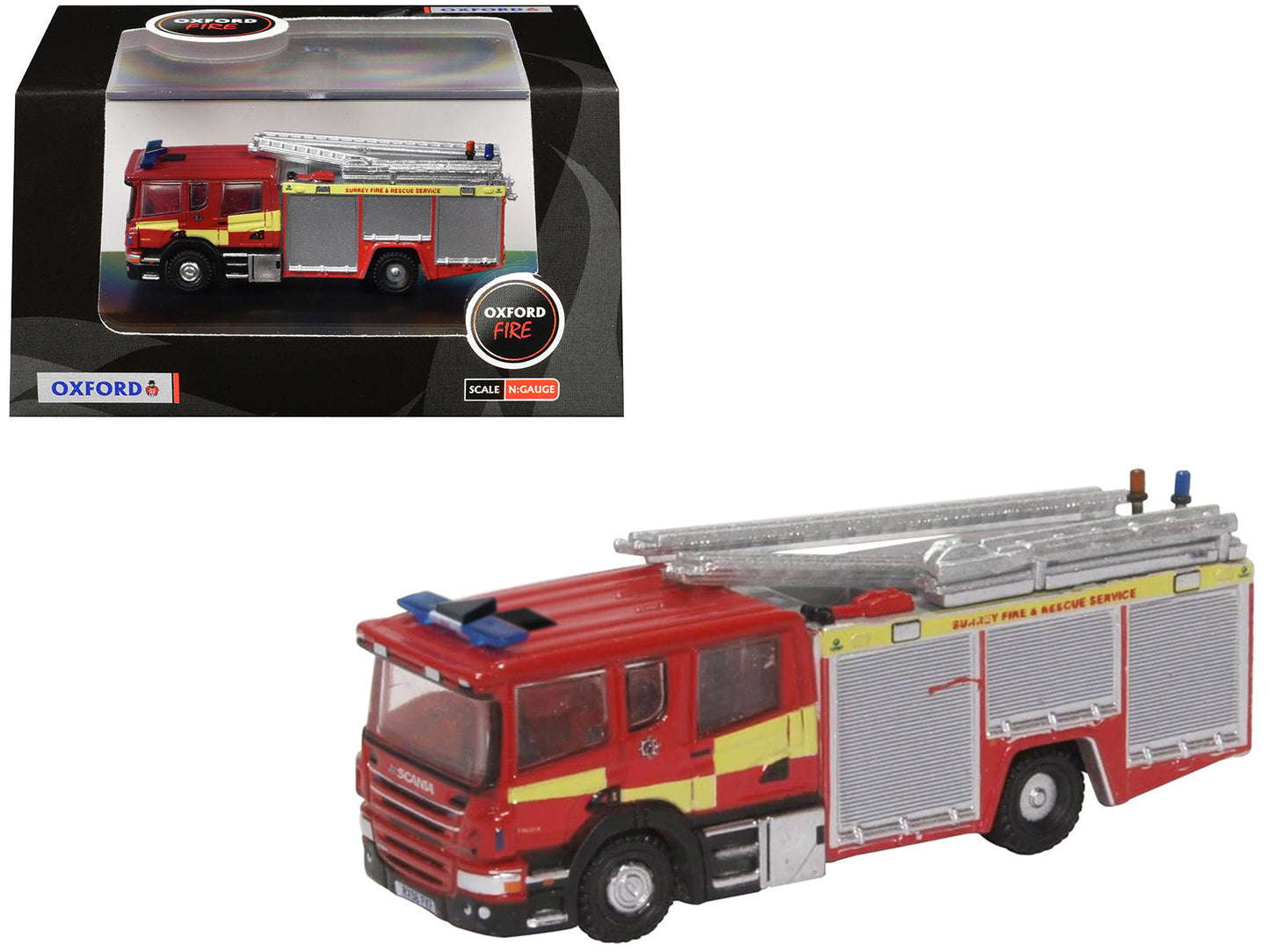 Scania Pump Ladder Fire Engine "Surrey Fire and Rescue" Red with Yellow Stripes 1/148 (N) Scale Diecast Model Car