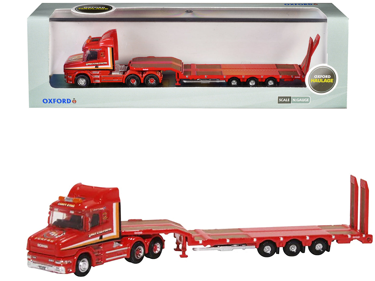 Scania T-Cab Truck RHD (Right Hand Drive) with Lowboy Trailer "Sandy Kydd" Red with Stripes 1/148 (N) Scale Diecast Model Car