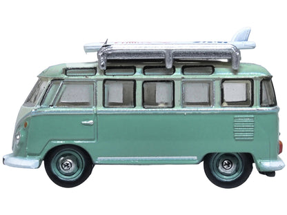 Volkswagen T1 Samba Bus RHD (Right Hand Drive) Green Two-Tone with Surfboards on Roof Rack 1/148 (N) Scale Diecast Model Car