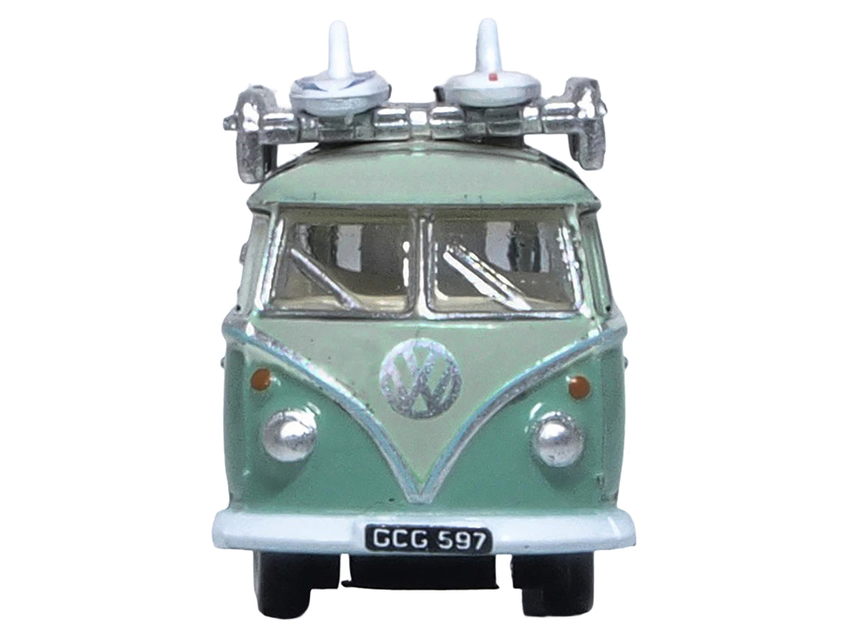 Volkswagen T1 Samba Bus RHD (Right Hand Drive) Green Two-Tone with Surfboards on Roof Rack 1/148 (N) Scale Diecast Model Car