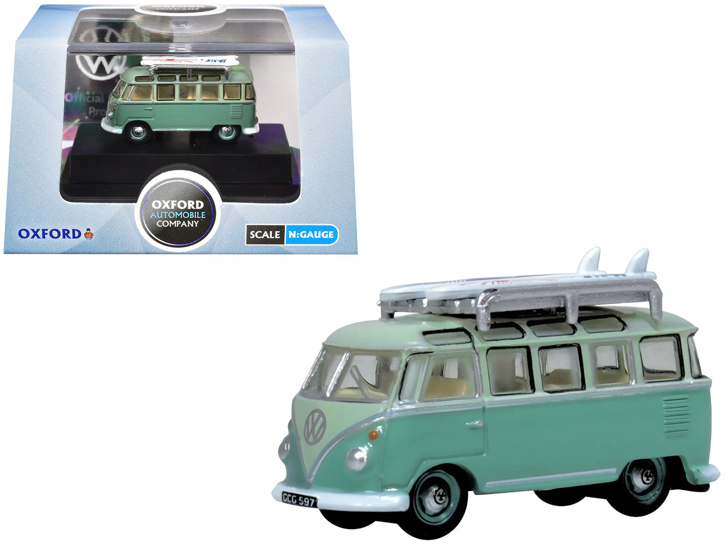 Volkswagen T1 Samba Bus RHD (Right Hand Drive) Green Two-Tone with Surfboards on Roof Rack 1/148 (N) Scale Diecast Model Car
