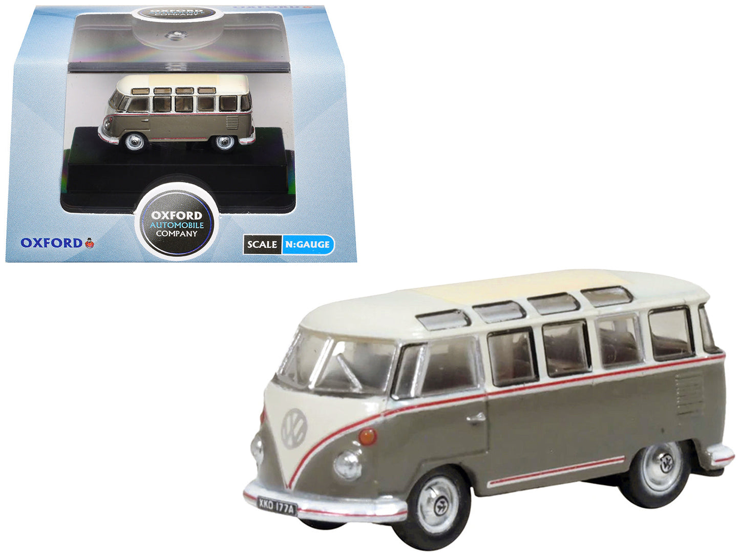 Volkswagen T1 Samba Bus Mouse Grey and Pearl White with Red Stripes 1/148 (N) Scale Diecast Model Car