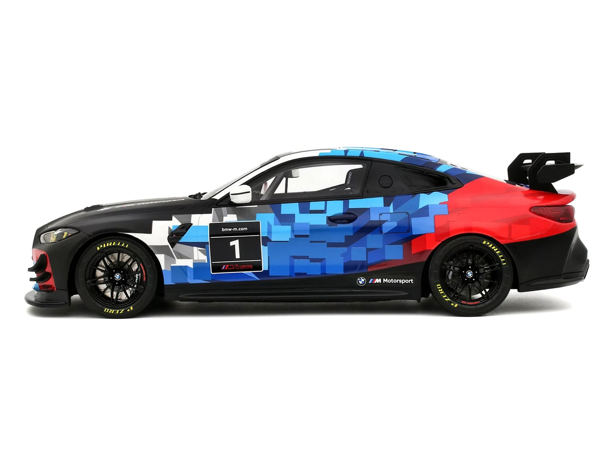 2024 BMW M4 GT4 #1 "M Motorsport Livery" Black and White with Red and Blue Graphics Limited Edition to 999 pieces Worldwide 1/18 Model Car