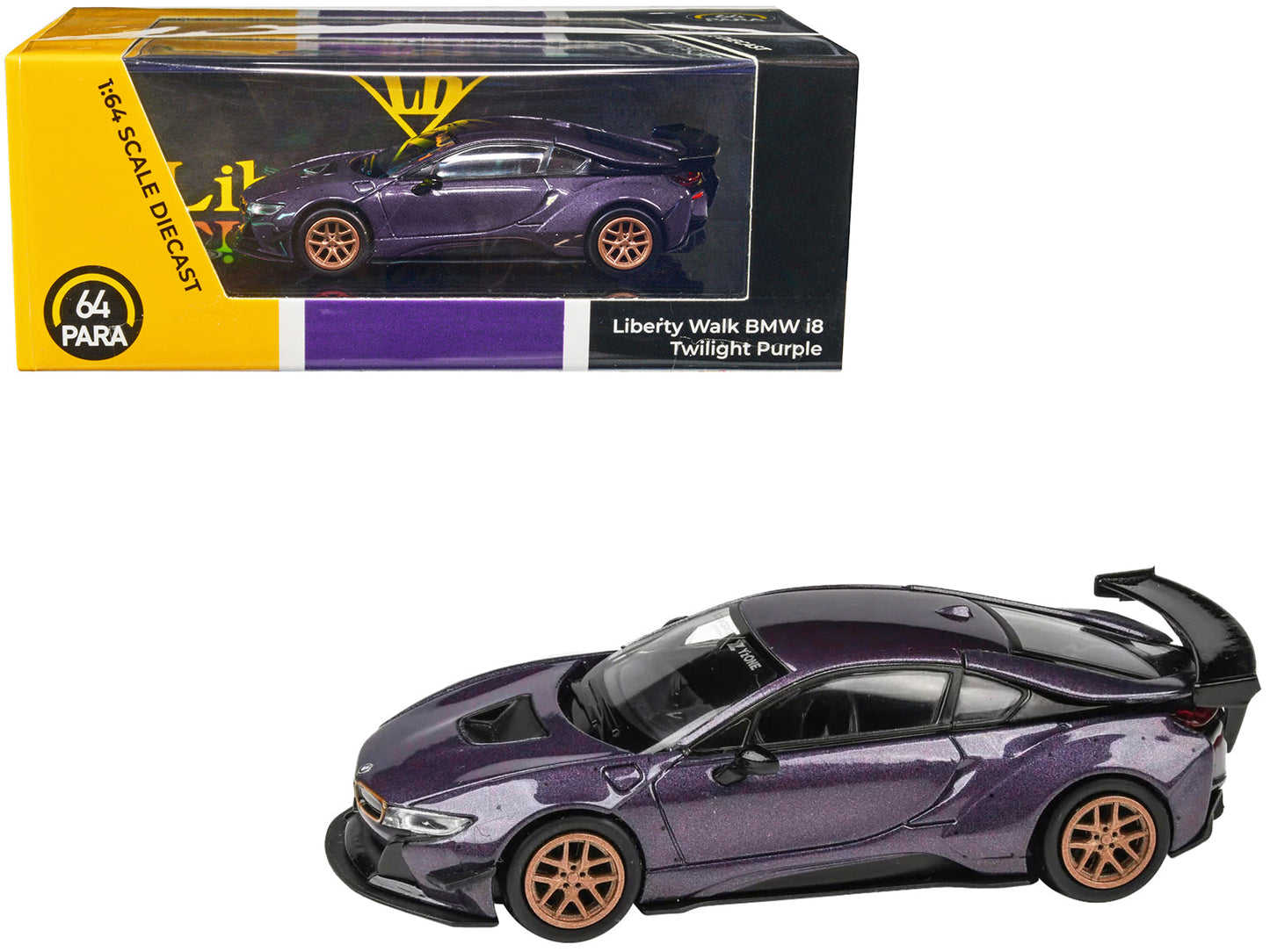 BMW i8 Liberty Walk Twilight Purple Metallic with Gold Wheels 1/64 Diecast Model Car