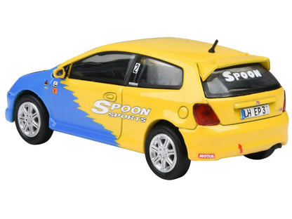 2001 Honda Civic Type R EP3 Blue and Yellow with Black Hood "Spoon Sports" 1/64 Diecast Model Car