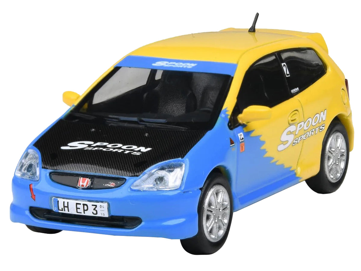 2001 Honda Civic Type R EP3 Blue and Yellow with Black Hood "Spoon Sports" 1/64 Diecast Model Car