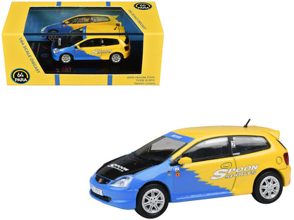 2001 Honda Civic Type R EP3 Blue and Yellow with Black Hood "Spoon Sports" 1/64 Diecast Model Car
