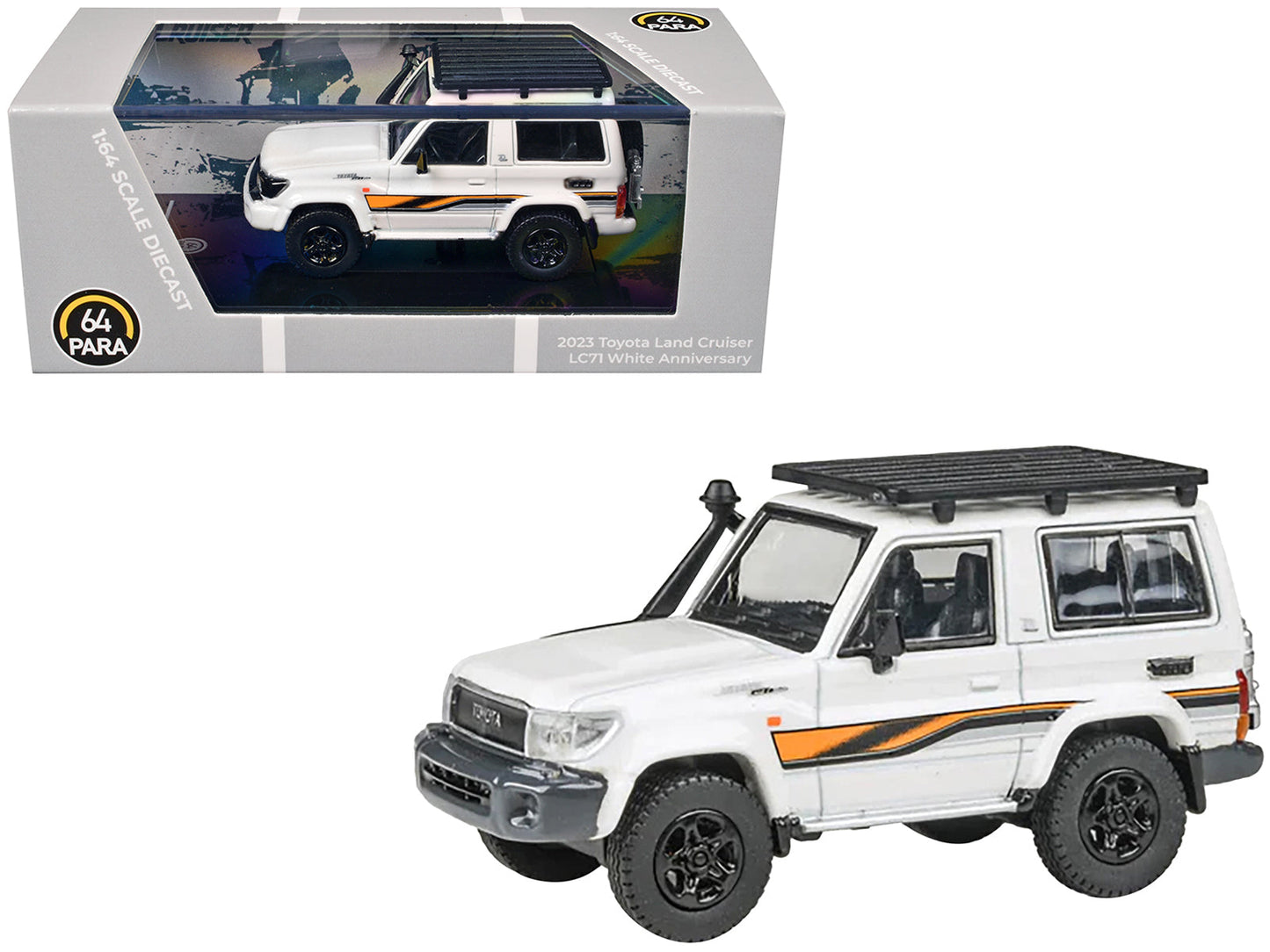 2023 Toyota Land Cruiser 71 White "70th Anniversary" with Stripes and Roofrack 1/64 Diecast Model Car