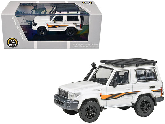 2023 Toyota Land Cruiser 71 White "70th Anniversary" with Stripes and Roofrack 1/64 Diecast Model Car