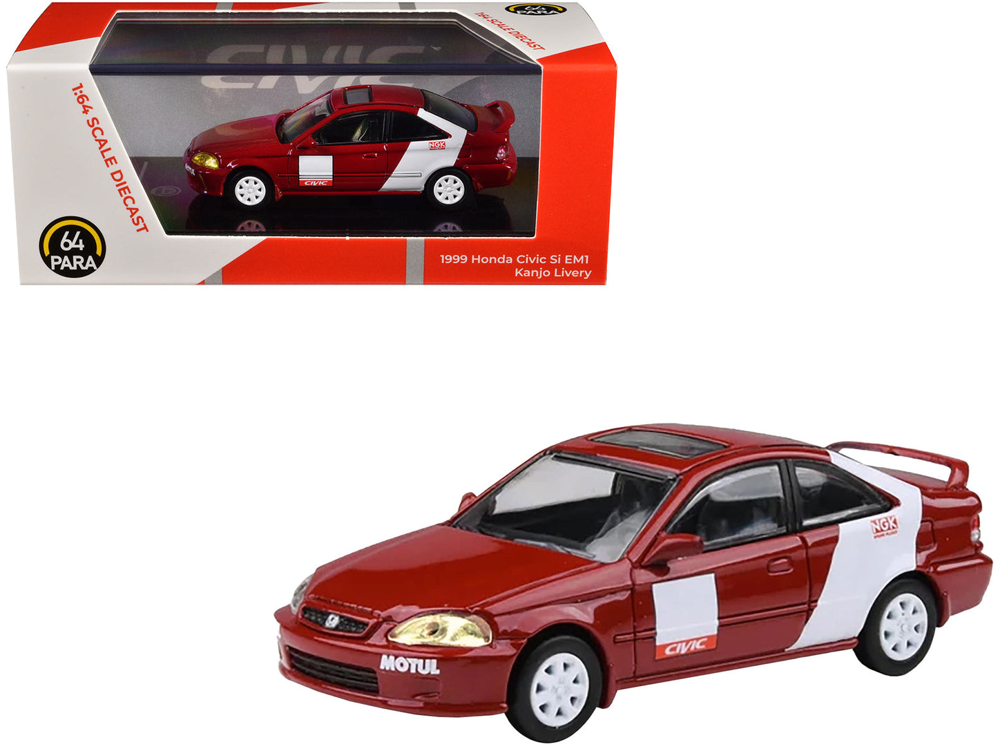 1999 Honda Civic Si EM1 "Kanjo Livery" Red with White Stripes 1/64 Diecast Model Car